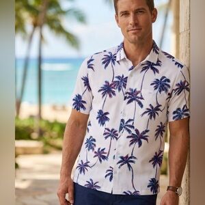 Tori Richard Tropic Pop Shirt XL White Palm Tree Cotton Pucker Lawn Hawaiian